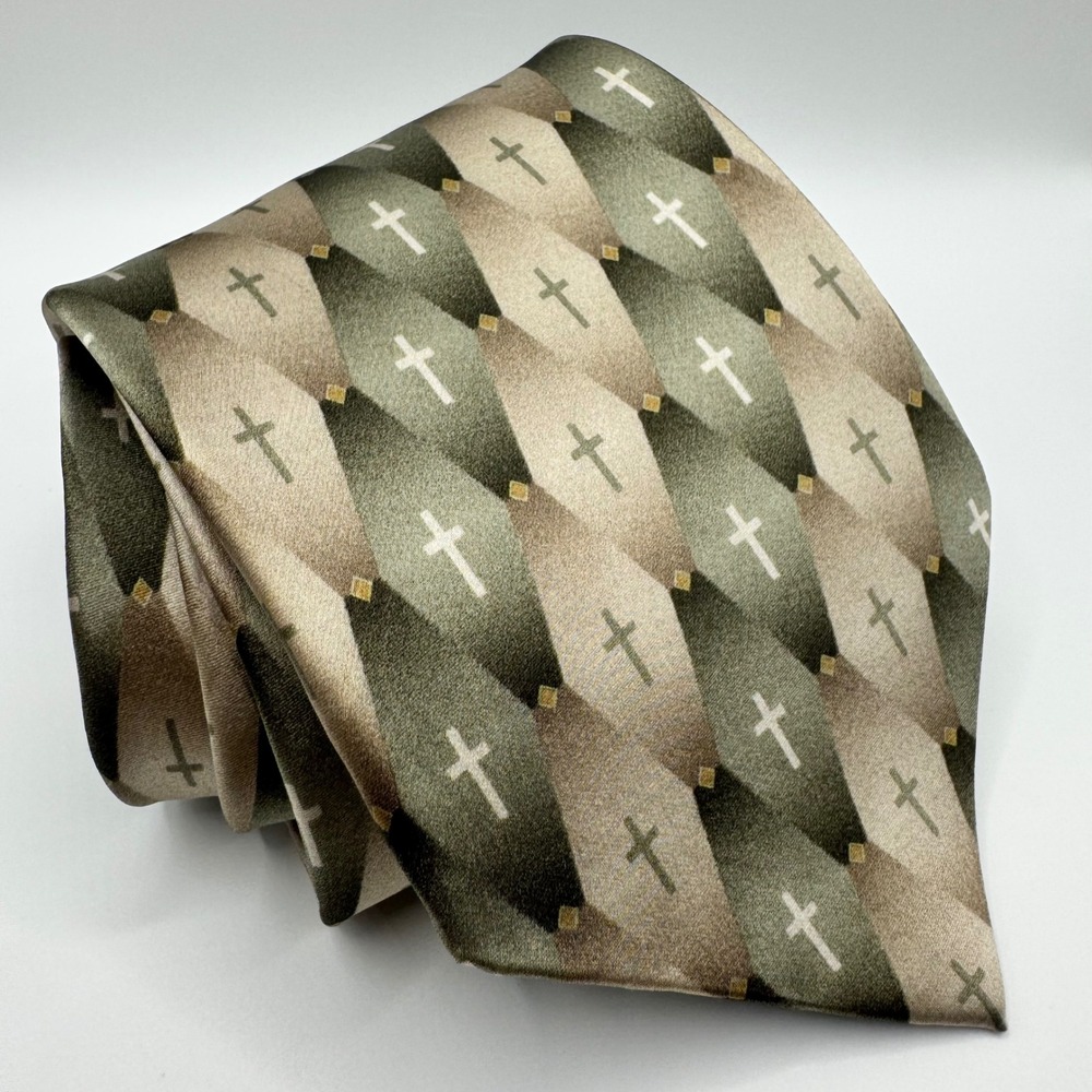 Eagles Wings Mens Silk Tie Olive Green Tan Geometric Christian Cross Religious